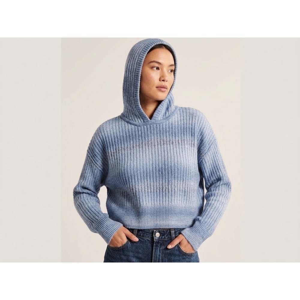 Offline by Aerie Cropped Hoodie Womens Medium Blue Ribbed Ombre Pullover Sweater
